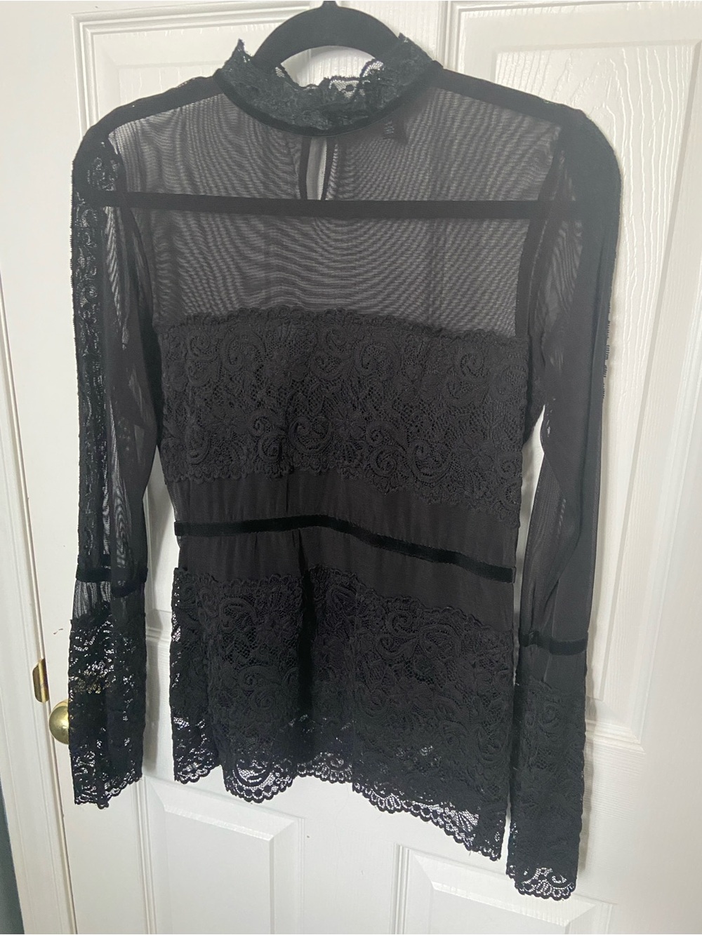 le chateau Black Sheer Lace Mock-Neck Blouse